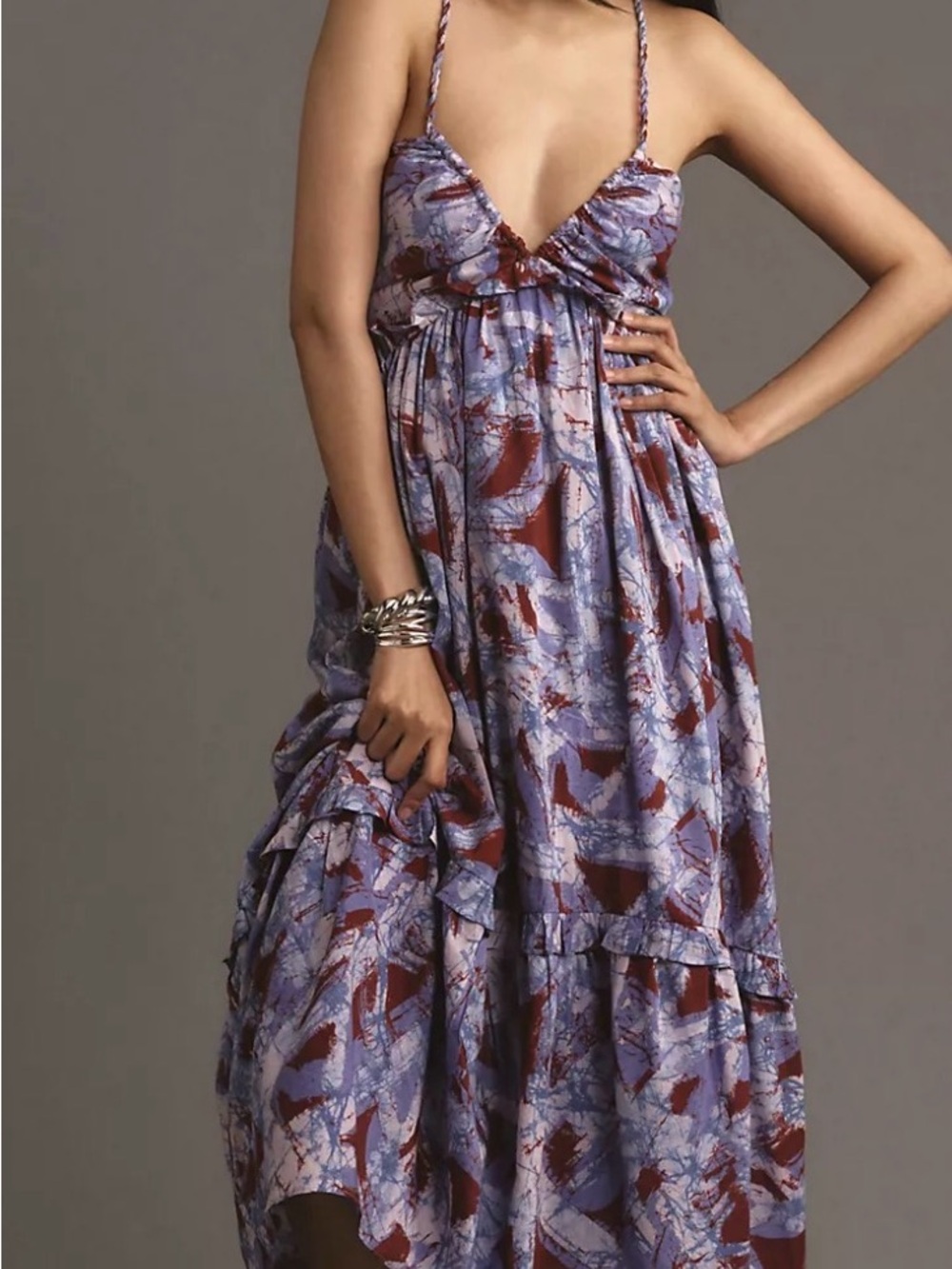 Anthropologie Purple and Brown Printed Maxi Sundress